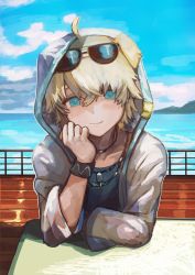 Rule 34 | 1boy, absurdres, ahoge, animal ears, arknights, blonde hair, blue eyes, blue sky, boat, buchi0122, closed mouth, cloud, commentary request, cowlick, crossed bangs, dog boy, dog ears, ear piercing, hair between eyes, hand on own face, highres, hood, hood up, jewelry, long sleeves, looking at viewer, male focus, mountain, necklace, ocean, piercing, sky, smile, solo, sunglasses, tequila (arknights), watercraft, wristband, yellow eyes