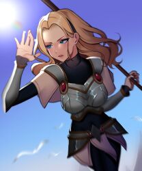 Rule 34 | 1girl, absurdres, armor, blonde hair, blue eyes, chiisaisan, highres, holding, holding staff, league of legends, long hair, lux (league of legends), open mouth, simple background, solo, staff