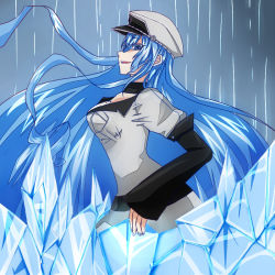 Rule 34 | 10s, 1girl, akame ga kill!, artist request, blue eyes, blue hair, breasts, choker, detached sleeves, esdeath, hat, ice, large breasts, long hair, matching hair/eyes, military, military uniform, nail polish, peaked cap, smile, solo, tattoo, uniform, very long hair