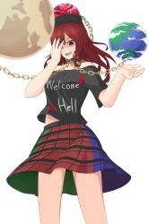 Rule 34 | 1girl, absurdres, black shirt, chain, clothes writing, collar, covering one eye, cowboy shot, earth (ornament), hecatia lapislazuli, highres, long hair, moon (ornament), multicolored clothes, multicolored skirt, off-shoulder shirt, off shoulder, open mouth, ozu (agito100001), red eyes, red hair, shirt, simple background, skirt, smile, solo, t-shirt, touhou, white background