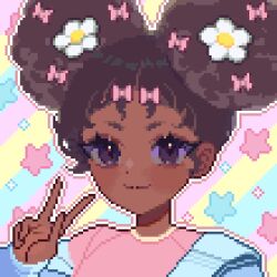 Rule 34 | 1girl, afro puffs, animated, animated gif, blinking, blue jacket, bow, brown hair, commentary, commission, dark-skinned female, dark skin, double bun, english commentary, flower, hair bow, hair bun, hair flower, hair ornament, jacket, looping animation, mimpish, one eye closed, open mouth, original, pink shirt, pixel art, portrait, purple eyes, shirt, smile, solo, star (symbol), starry background, v, very dark skin