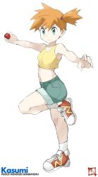 Rule 34 | 1990s (style), 1girl, bad id, bad twitter id, bare shoulders, blue eyes, breasts, character name, creatures (company), crop top, denim, denim shorts, full body, game freak, holding, holding poke ball, leg up, looking to the side, midriff, misty (pokemon), navel, nintendo, orange hair, outstretched arms, poke ball, poke ball (basic), pokemon, pokemon (anime), pokemon (classic anime), pokemon rgby, ponytail, red footwear, retro artstyle, shigino sohuzi, shirt, shoes, short hair, short ponytail, short shorts, shorts, side ponytail, simple background, sleeveless, sleeveless shirt, small breasts, sneakers, solo, standing, standing on one leg, tank top, white background, wide ponytail, yellow shirt