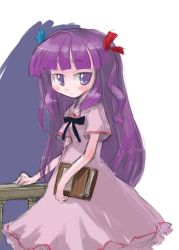 Rule 34 | 1girl, alternate costume, blue ribbon, blush, book, dress, female focus, hair ribbon, long hair, looking at viewer, patchouli knowledge, purple eyes, purple hair, red ribbon, ribbon, short sleeves, simple background, sketch, solo, standing, table, tao, tao (kadoya), touhou, white background