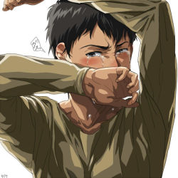 Rule 34 | 1boy, arms up, bertolt hoover, black hair, blush, casual, covering own mouth, crying, crying with eyes open, dark-skinned male, dark skin, long sleeves, looking at viewer, male focus, shingeki no kyojin, short hair, solo, tears, upper body, zyunya