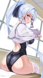 Rule 34 | 1girl, alternate costume, ass, ass focus, ayaka (genshin impact), black one-piece swimsuit, blue eyes, blue hair, blush, breasts, competition swimsuit, embarrassed, from behind, genshin impact, hair ornament, hair ribbon, highres, huge ass, large breasts, long hair, looking at viewer, matrix16, one-piece swimsuit, open mouth, ponytail, ribbon, sideboob, sitting, solo, swimsuit, thick thighs, thighhighs, thighs, very long hair