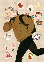 Rule 34 | 1boy, absurdres, animal sticker, backpack, bag, bag charm, ball, bird, black bag, black hair, black pants, bokuto koutarou, boned meat, brown background, brown jacket, charm (object), chengongzi123, cherry blossoms, closed mouth, colored eyelashes, commentary, food, grey hair, grid background, haikyuu!!, hand in pocket, hand up, headphones, headphones around neck, highres, jacket, looking at viewer, male focus, meat, multicolored hair, onigiri, owl, pants, short hair, smile, star (symbol), sticker, streaked hair, symbol-only commentary, very short hair, volleyball (object), yellow eyes