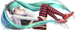 Rule 34 | 1girl, absurdres, aqua eyes, blush, checkered clothes, checkered skirt, glasses, hatsune miku, headphones, highres, kocchi muite baby (vocaloid), long hair, long image, lying, project diva, project diva (series), project diva 2nd, red eyes, shoes, skirt, smile, sneakers, solo, striped clothes, striped thighhighs, takebi, thighhighs, twintails, very long hair, vocaloid, wide image