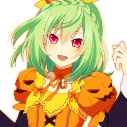 Rule 34 | 1girl, bad id, bad pixiv id, bow, braid, choker, crown braid, flower knight girl, food-themed clothes, green hair, jack-o&#039;-lantern, knenj, layered sleeves, looking at viewer, orange bow, pepo (flower knight girl), red eyes, short hair, smile, solo, summer squash (flower knight girl), upper body, white background