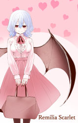 Rule 34 | 1girl, aged up, ascot, bag, bat wings, black pantyhose, blue hair, blush, breasts, center frills, character name, closed mouth, collared shirt, commentary, feet out of frame, fingernails, frills, hair between eyes, highres, holding, holding bag, long fingernails, long sleeves, looking at viewer, medium breasts, medium hair, nail polish, no headwear, pantyhose, pink shirt, pink skirt, red ascot, red eyes, red nails, remilia scarlet, shirt, skirt, smile, snakku, solo, standing, touhou, v arms, wings