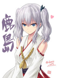 Rule 34 | 1girl, blue eyes, blush, cosplay, detached sleeves, female focus, haruna (kancolle) (cosplay), haruna (kancolle), haura akitoshi, heart, japanese clothes, kantai collection, kashima (kancolle), nontraditional miko, short hair, sidelocks, silver hair, simple background, smile, solo, twintails, upper body, wavy hair