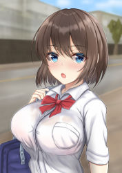 Rule 34 | 1girl, bag, blue eyes, blush, bob cut, bow, bowtie, breast pocket, breasts, brown hair, collared shirt, day, dress shirt, fang, hair between eyes, highres, large breasts, long sleeves, looking at viewer, nose blush, open mouth, original, outdoors, pocket, red bow, riboshika, road, school bag, school uniform, see-through, shirt, sleeves rolled up, solo, street, upper body, white shirt