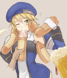 Rule 34 | alcohol, arc system works, beer, beret, blazblue, blonde hair, blush, chiwino, food, green eyes, hat, noel vermillion, saliva, sausage, sexually suggestive, tongue, uniform, wink