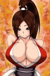 Rule 34 | 1girl, bare shoulders, belt, breasts, brown hair, collarbone, fatal fury, female focus, fenrox, huge breasts, long hair, looking at viewer, ponytail, shiny skin, shiranui mai, snk, solo, standing, the king of fighters, toned, upper body