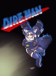 Rule 34 | 1girl, absurdres, animal ears, blue hair, dire wolf (kemono friends), extra ears, garter straps, gloves, grey eyes, highres, hiro maji, jacket, kemono friends, kemono friends v project, looking at viewer, mega man (series), parody, ribbon, scarf, simple background, skirt, solo, tail, thighhighs, twintails, virtual youtuber, weapon, wolf ears, wolf girl, wolf tail