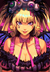 Rule 34 | 1girl, :p, bare shoulders, blonde hair, blue eyes, bobbles, breasts, cleavage, collarbone, demon wings, eyeball, eyeball hair ornament, facial tattoo, fake wings, fur trim, gradient eyes, heart, heart tattoo, hungry clicker, large breasts, long hair, multicolored eyes, short sleeves, solo, striped, sylvie paula paula, tattoo, the king of fighters, the king of fighters xv, tongue, tongue out, upper body, wings