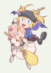 Rule 34 | 2girls, animal ear fluff, animal ears, black footwear, blonde hair, blue eyes, blue scarf, bokken, boots, broom, brown shorts, cat ears, cat tail, fate/grand carnival, fate/grand order, fate (series), hair over eyes, highres, horns, jacket, looking at viewer, multiple girls, munaage, mysterious neko w, mysterious neko x, open mouth, pink hair, ponytail, scarf, shorts, single horn, sword, tail, track jacket, weapon, white footwear, wooden sword