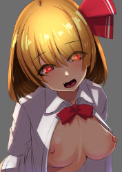 Rule 34 | 1girl, blonde hair, breasts, collared shirt, embodiment of scarlet devil, fangs, hair ribbon, heart, heart-shaped pupils, highres, long sleeves, medium breasts, medium hair, necktie, nipples, open clothes, open mouth, red eyes, red necktie, red ribbon, ribbon, rumia, shirt, solo, steaming body, symbol-shaped pupils, textless version, touhou, upper body, white shirt, yukito (dreamrider)