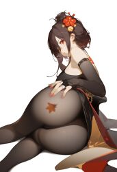 Rule 34 | 1girl, artist request, ass, bare shoulders, black hair, breasts, bridal gauntlets, cameltoe, chiori (genshin impact), detached sleeves, flower, from behind, from below, genshin impact, hair bun, hair flower, hair ornament, highres, huge ass, japanese clothes, kimono, looking at viewer, looking back, looking down, medium breasts, open mouth, pantyhose, parted lips, red eyes, short hair with long locks, short kimono, sideboob, solo, thong, thong under pantyhose