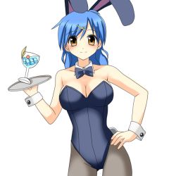 Rule 34 | 00s, 1girl, animal ears, bare shoulders, black pantyhose, blue bow, blue bowtie, blue hair, blue leotard, blush, bow, bowtie, breasts, brown eyes, chalice, cherry, cleavage, closed mouth, cocktail, contrapposto, cowboy shot, cup, detached collar, drink, drinking glass, earrings, fake animal ears, fake tail, female focus, food, fruit, glass, hair ornament, hand on own hip, holding, holding tray, houshou hanon, ice, ice cube, jewelry, large breasts, lemon, lemon slice, leotard, light smile, long hair, looking at viewer, mermaid melody pichi pichi pitch, miru, pantyhose, parted bangs, playboy bunny, rabbit ears, rabbit tail, short hair, simple background, smile, solo, spilling, standing, strapless, strapless leotard, stud earrings, tail, tray, white background, wine glass, wrist cuffs, x hair ornament