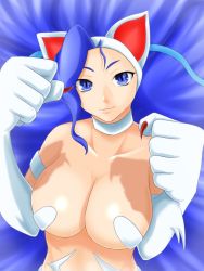 Rule 34 | 1girl, animal ears, animal hands, big hair, blue eyes, blue hair, breasts, capcom, cat ears, cat girl, claws, cleavage, clenched hand, clenched hands, felicia (vampire), female focus, fighting stance, fingernails, fur, hairband, highres, large breasts, long fingernails, long hair, matching hair/eyes, nail polish, nude, sei15, shadow, slit pupils, smile, solo, upper body, vampire (game), very long hair
