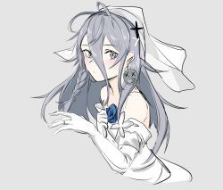 Rule 34 | 1girl, absurdres, blush, braid, bridal veil, closed mouth, dress, earrings, elbow gloves, fish dumplings, girls&#039; frontline, gloves, grey eyes, grey hair, highres, jewelry, long hair, looking at viewer, official alternate costume, ring, solo focus, veil, wedding band, wedding dress, wedding ring, white background, white dress, white gloves, xm8 (girls&#039; frontline), xm8 (the rose chess player&#039;s confession) (girls&#039; frontline)