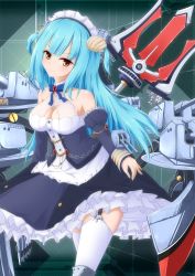 Rule 34 | 1girl, azur lane, blue hair, breasts, cannon, chain, cleavage, detached sleeves, highres, long hair, looking at viewer, maid headdress, medium breasts, neptune (azur lane), polearm, sleeveless, smile, solo, thighhighs, torpedo tubes, trident, weapon, yamamoto rintarou