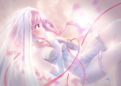 Rule 34 | 1girl, absurdres, arm warmers, azur lane, bad id, bad pixiv id, blush, breasts, dress, frills, highres, juno (azur lane), long hair, looking to the side, medium breasts, pink hair, profile, red ribbon, ribbon, simple background, solo, string, string of fate, unwitherer, veil, wedding dress