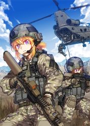 Rule 34 | 3girls, assault rifle, backpack, bag, blonde hair, blue eyes, boeing, boeing defense, space &amp; security, brown hair, camouflage, ch-47 chinook, cloud, commentary, frown, gloves, gun, handgun, headset, helicopter, helmet, holster, knee pads, kws, load bearing vest, m4 carbine, military, military uniform, mountain, multiple girls, original, pistol, purple eyes, rappelling, rifle, rope, serious, short ponytail, sidelocks, sky, soldier, squatting, thigh holster, trigger discipline, uniform, vertical forward grip, watch, weapon, wristwatch