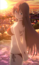 Rule 34 | 10s, 1girl, arms behind back, asami lilith, ass, bikini, blue eyes, breasts, cloud, highres, large breasts, long hair, looking at viewer, onsen, outdoors, red hair, screencap, sideboob, sky, solo, standing, sun, sunset, swimsuit, trinity seven, water