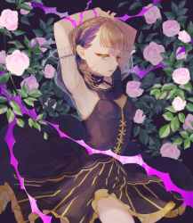 Rule 34 | 1girl, black dress, blonde hair, bound, bound arms, braid, briar rose (sinoalice), bush, choker, dress, flower, gold trim, hair ornament, looking at viewer, ojo aa, parted lips, pink flower, rose, see-through, see-through sleeves, short hair, sinoalice, solo, teeth, thorns, yellow eyes
