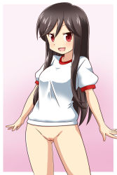 Rule 34 | 1girl, :d, a channel, black hair, blush, bottomless, cleft of venus, cowboy shot, female focus, goriate, gradient background, gym shirt, gym uniform, long hair, nishi yuuko, open mouth, pink background, pussy, red eyes, shirt, short sleeves, smile, solo, thighs, uncensored, white background, white shirt