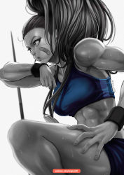 Rule 34 | 1girl, abs, bandaid, bandaid on face, bare arms, bare shoulders, black hair, breasts, captain mizuki, colored skin, grey skin, greyscale, hand on thigh, magion02, medal, monochrome, muscular, muscular female, one-punch man, ponytail, solo, sports bra, sportswear, sweat, toned, wristband