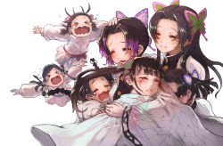 Rule 34 | &gt;o&lt;, 6+girls, :d, animal print, black hair, black shirt, blunt bangs, blush, braid, brown hair, butterfly hair ornament, butterfly print, cape, closed eyes, closed mouth, commentary, crying, dress, gradient hair, group hug, hair intakes, hair ornament, hand on another&#039;s head, haori, happy tears, hug, ico6, jacket, japanese clothes, jumping, kanzaki aoi (kimetsu no yaiba), kimetsu no yaiba, kochou kanae, kochou shinobu, long hair, long sleeves, low twintails, medium hair, multicolored hair, multiple girls, nakahara sumi, open mouth, parted bangs, print jacket, puffy long sleeves, puffy sleeves, sad, shirt, short hair, siblings, side ponytail, simple background, sisters, smile, takada naho, tears, terauchi kiyo, tsuyuri kanao, twin braids, twintails, wavy mouth, white background, white cape, white dress
