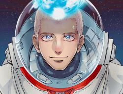 Rule 34 | 1boy, astronaut, blue eyes, helmet, kurokiseow, looking at viewer, male focus, nanba hibito, portrait, smile, solo, space, spacesuit, tears, uchuu kyoudai, white hair