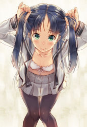 Rule 34 | 1girl, :&gt;, bad id, bad pixiv id, black hair, black pantyhose, blue hair, blush, bra, breasts, bunching hair, cleavage, collarbone, green eyes, holding, holding own hair, knees together feet apart, leaning forward, legs together, long hair, long sleeves, looking at viewer, open clothes, original, pantyhose, pinky out, pleated skirt, school uniform, skirt, small breasts, smile, solo, sugimeno, twintails, underwear, white bra