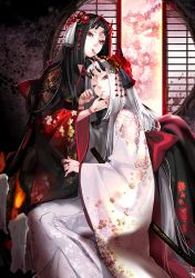Rule 34 | 2girls, black hair, bow, bug, butterfly, candle, cherry blossoms, fire, fire, flower, hair ornament, horns, bug, japanese clothes, kabi (kb), kimono, long hair, multiple girls, oni, original, red eyes, sword, tree, weapon, white hair