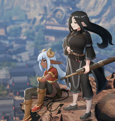 Rule 34 | 2girls, belt, black footwear, black hair, black shorts, black thighhighs, blue hair, blurry, blurry background, boots, breasts, brown belt, brown footwear, chest harness, cliff, closed eyes, closed mouth, crop top, curled horns, dark-skinned female, dark skin, demon tail, depth of field, fold-over boots, from side, harness, holding, holding sword, holding weapon, horns, large breasts, long hair, long sleeves, multiple girls, niseoto, original, outdoors, pointy ears, red eyes, shoes, shorts, smile, sword, tail, tassel, thighhighs, weapon
