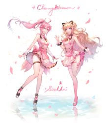 Rule 34 | 2girls, animal ears, blonde hair, blue eyes, blush, bow, cat ears, character name, cherry blossoms, fake animal ears, flower, hair flower, hair ornament, high heels, long hair, looking at viewer, multiple girls, open mouth, ozzingo, pink bow, pink hair, pink ribbon, ponytail, ribbon, seeu, smile, thighhighs, uni (vocaloid), vocaloid, waving, white legwear, x hair ornament