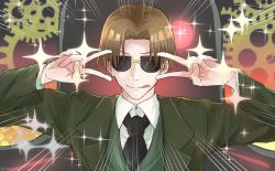 Rule 34 | 1boy, artist request, black neckwear, brown hair, collared shirt, double v, dress shirt, emotional engine - full drive, fate/grand order, fate (series), formal, gears, glowing, glowing eye, gradient background, green suit, hands up, highres, koha-ace, long sleeves, looking at viewer, male focus, maxwell&#039;s demon (fate), monster, necktie, parody, parted bangs, red eyes, shirt, short hair, smile, sparkle, suit, sunglasses, tongue, tongue out, v, white shirt