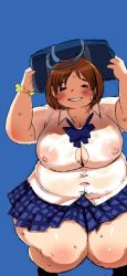 Rule 34 | 1girl, belly, blush, breasts, brown hair, bursting breasts, cleavage, fat, highres, huge breasts, kjmvideo, looking at viewer, nipples, obese, see-through, short hair, smile, solo, sweat, thick thighs, thighs