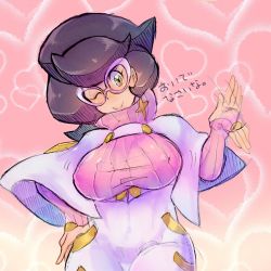 Rule 34 | 10s, 1girl, ;), black hair, breasts, closed mouth, covered erect nipples, creatures (company), game freak, green eyes, hand on own hip, highres, large breasts, long sleeves, nintendo, one eye closed, pamariccho, pink-framed eyewear, pokemon, pokemon sm, ribbed sweater, short hair, smile, solo, sweater, translation request, turtleneck, turtleneck sweater, wicke (pokemon)