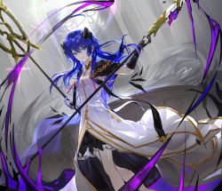 Rule 34 | 1girl, absurdres, arknights, bare legs, black gloves, blue eyes, blue hair, breasts, church, closed mouth, demon horns, dress, elbow gloves, feet out of frame, gloves, gold trim, halo, highres, holding, holding staff, horns, indoors, layered dress, long hair, looking at viewer, mostima (arknights), mostima (spellbreaker) (arknights), official alternate costume, partially fingerless gloves, short sleeves, small breasts, solo, staff, standing, twice12314, very long hair, white dress
