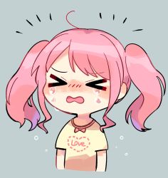Rule 34 | &gt; &lt;, 1girl, ahoge, bang dream!, bd ayknn, blush, bow, chibi, crying, grey background, heart, maruyama aya, nose blush, open mouth, pink bow, pink hair, shirt, short sleeves, sidelocks, simple background, solo, twintails, upper body, wavy mouth, yellow shirt