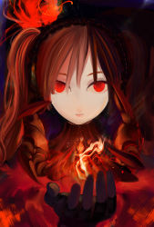 Rule 34 | 1girl, bad id, bad pixiv id, brown hair, close-up, expressionless, eyelashes, fingerless gloves, fire, gloves, hairband, harano, layla (sound horizon), red eyes, seisen no iberia, solo, sound horizon, twintails