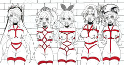Rule 34 | 5girls, absurdres, amber (genshin impact), arm behind back, barbara (genshin impact), bdsm, black choker, blush, bondage, bound, bound arms, bound legs, bound together, breast bondage, breasts, choker, clothes gag, collar, crotch rope, dungeon, ecchinoidea, eula (genshin impact), female focus, gag, gagged, genshin impact, headwear request, highres, improvised gag, kidnapped, leash, looking at another, looking at viewer, moontraveler, mouth stuffed, multiple females, multiple girls, nipple stimulation, nipple tweak, nipples, no bra, no panties, nude, panties, panty gag, red rope, restrained, rope, rope between breasts, rosaria (genshin impact), shibari, slave, spot color, tied to wall, underwear, yanfei (genshin impact)