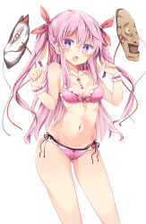 Rule 34 | 1girl, :o, alternate hairstyle, arm up, bare arms, bare shoulders, bikini, breasts, bright pupils, cleavage, collarbone, cowboy shot, fox mask, gluteal fold, hair between eyes, hair ribbon, hata no kokoro, highres, jewelry, layered bikini, long hair, looking at viewer, mask, maturiuta sorato, medium breasts, navel, necklace, open mouth, pink eyes, pink hair, plaid, plaid bikini, red ribbon, ribbon, side-tie bikini bottom, sidelocks, simple background, solo, standing, stomach, swimsuit, tan, tanline, thighs, touhou, twintails, two side up, white background, wrist cuffs