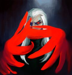 Rule 34 | 1boy, black background, black shirt, covered mouth, feathered wings, glowing, glowing eyes, highres, league of legends, long hair, looking at viewer, male focus, mature male, old, old man, one eye covered, ovsosito, red eyes, red wings, shirt, solo, swain (league of legends), white hair, wings