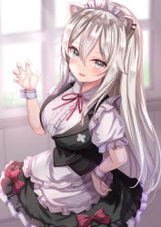 Rule 34 | 1girl, animal ear fluff, animal ears, apron, black skirt, black vest, blush, breasts, center frills, claw pose, ear piercing, fangs, frilled apron, frilled skirt, frilled sleeves, frills, grey eyes, grey hair, hair between eyes, highres, hololive, large breasts, lion ears, long hair, looking at viewer, maid headdress, neck ribbon, panties, piercing, puffy short sleeves, puffy sleeves, red ribbon, ribbon, shirt, shishiro botan, short sleeves, skirt, smile, solo, underwear, very long hair, vest, virtual youtuber, white apron, white shirt, wrist cuffs, yuano