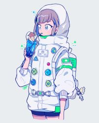 Rule 34 | 1girl, alien, arm at side, backpack, bad id, bad tumblr id, bag, bag charm, bendy straw, blue eyes, charm (object), coat, commentary request, cowboy shot, cropped legs, cup, drink, drinking, drinking straw, food, grey background, highres, holding, holding cup, hood, hooded coat, ice cream, ice cream float, kisaragi yuu (fallen sky), light purple hair, long sleeves, looking away, original, puffy sleeves, saturn (planet), shorts, signature, simple background, solo, spacesuit, star (symbol), ufo, winter clothes, winter coat