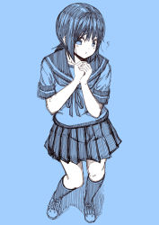 Rule 34 | 10s, 1girl, :t, blue background, blue theme, commentary request, fubuki (kancolle), full body, kantai collection, kneehighs, kouji (campus life), low ponytail, monochrome, pleated skirt, ponytail, pout, revision, school uniform, serafuku, short hair, short ponytail, short sleeves, sketch, skirt, socks, solo